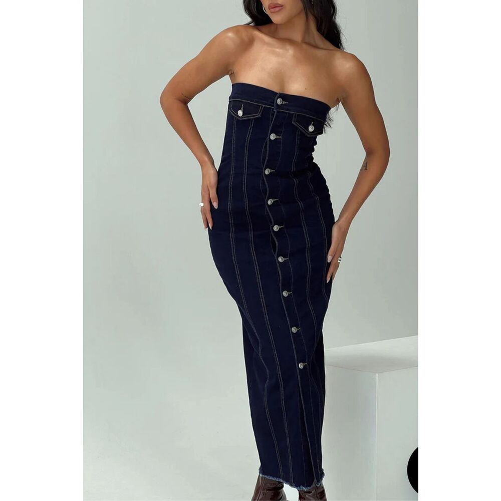 Princess Polly MARZA DENIM STRAPLESS MAXI DRESS INDIGO Nwot Size 2